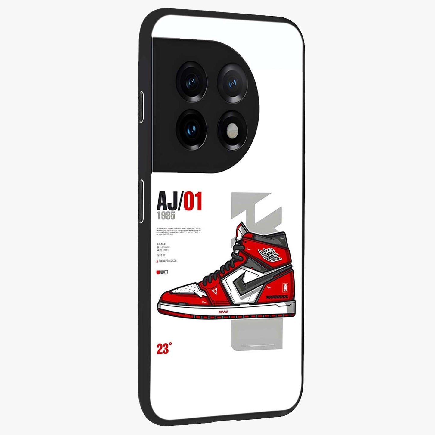 Retro Sneaker Blueprint Glass Case for 1+11 side perspective highlighting sharp graphic textures and sleek build