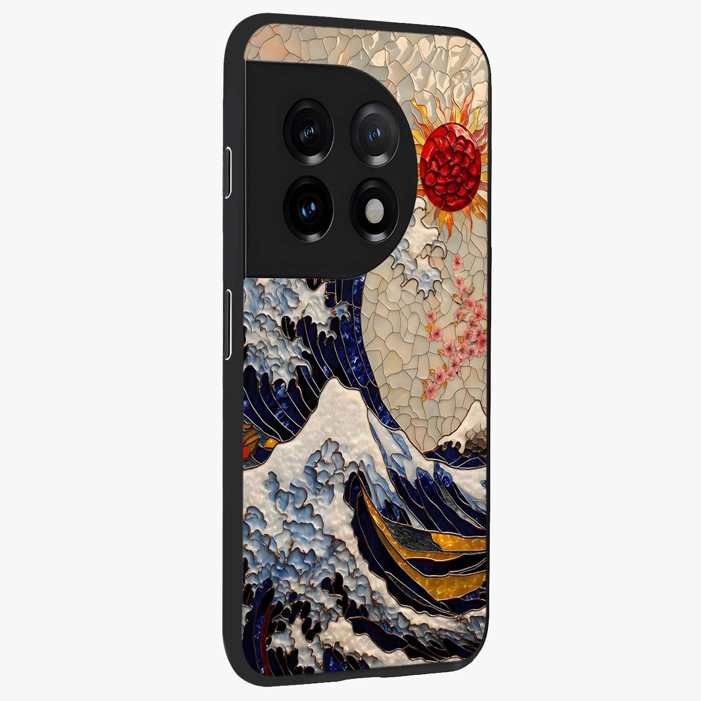 Rising Wave Glory Glass Case for 1+11 side perspective highlighting fluid wave textures and sleek premium build