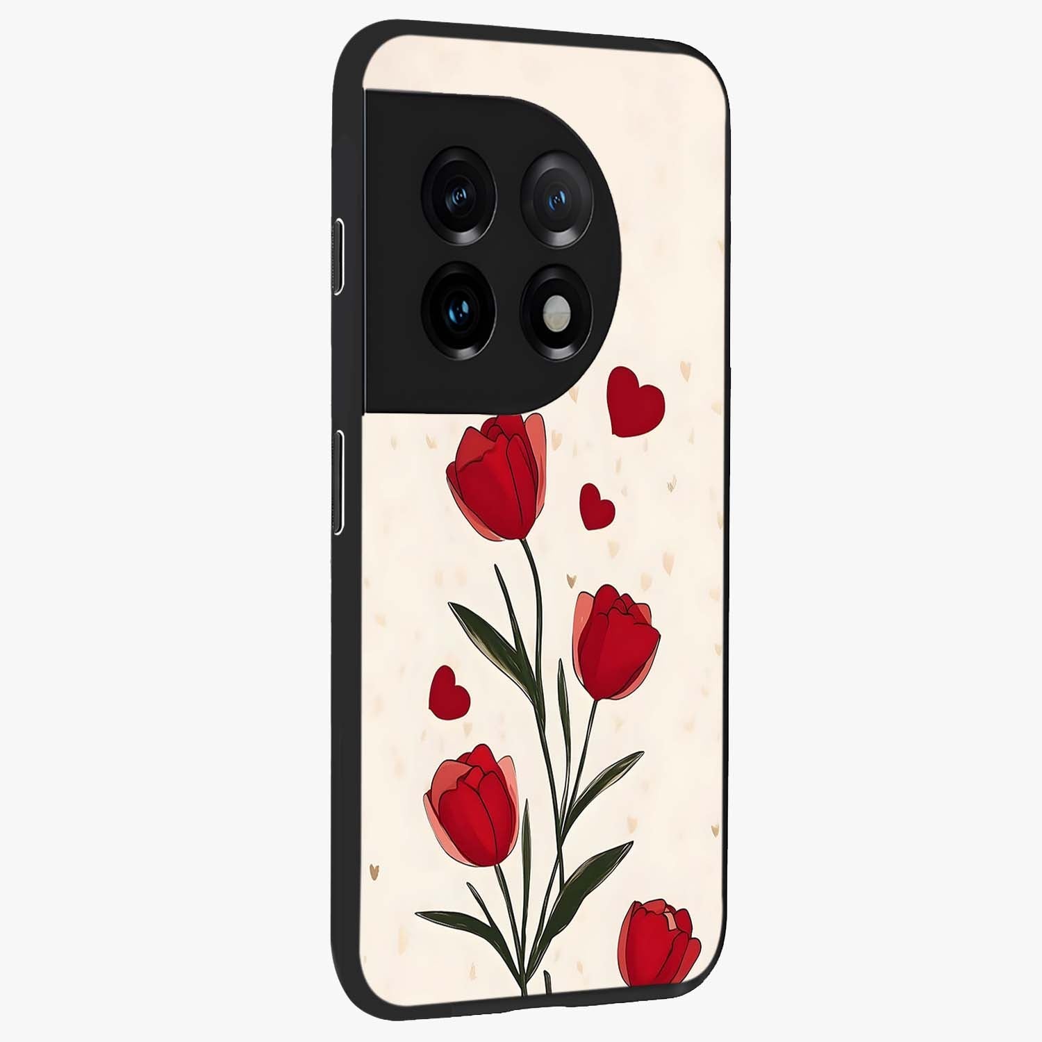 Romantic Tulip Hearts Glass Case for 1+11 side perspective highlighting delicate bloom textures and premium edges