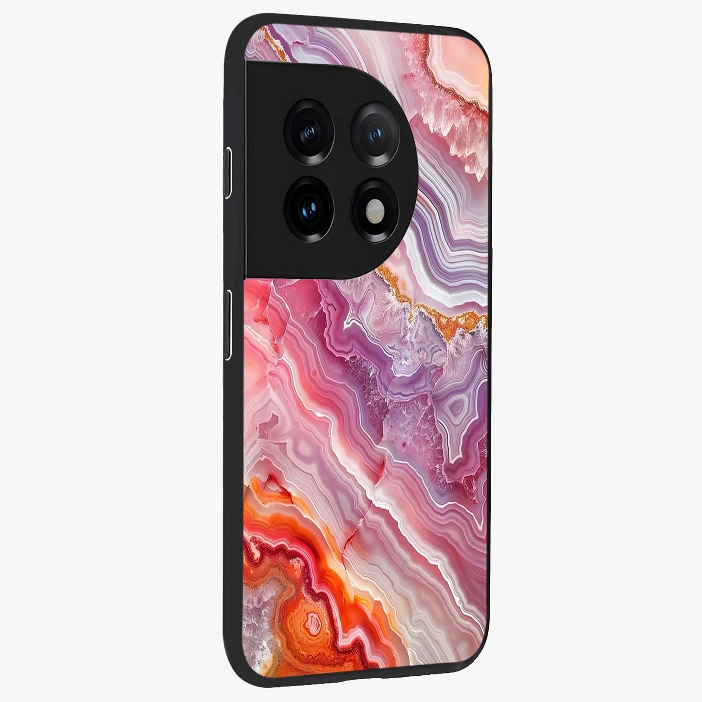 Rose Quartz Marble Glass Case for 1+11 side perspective highlighting refined marble textures and sleek premium build