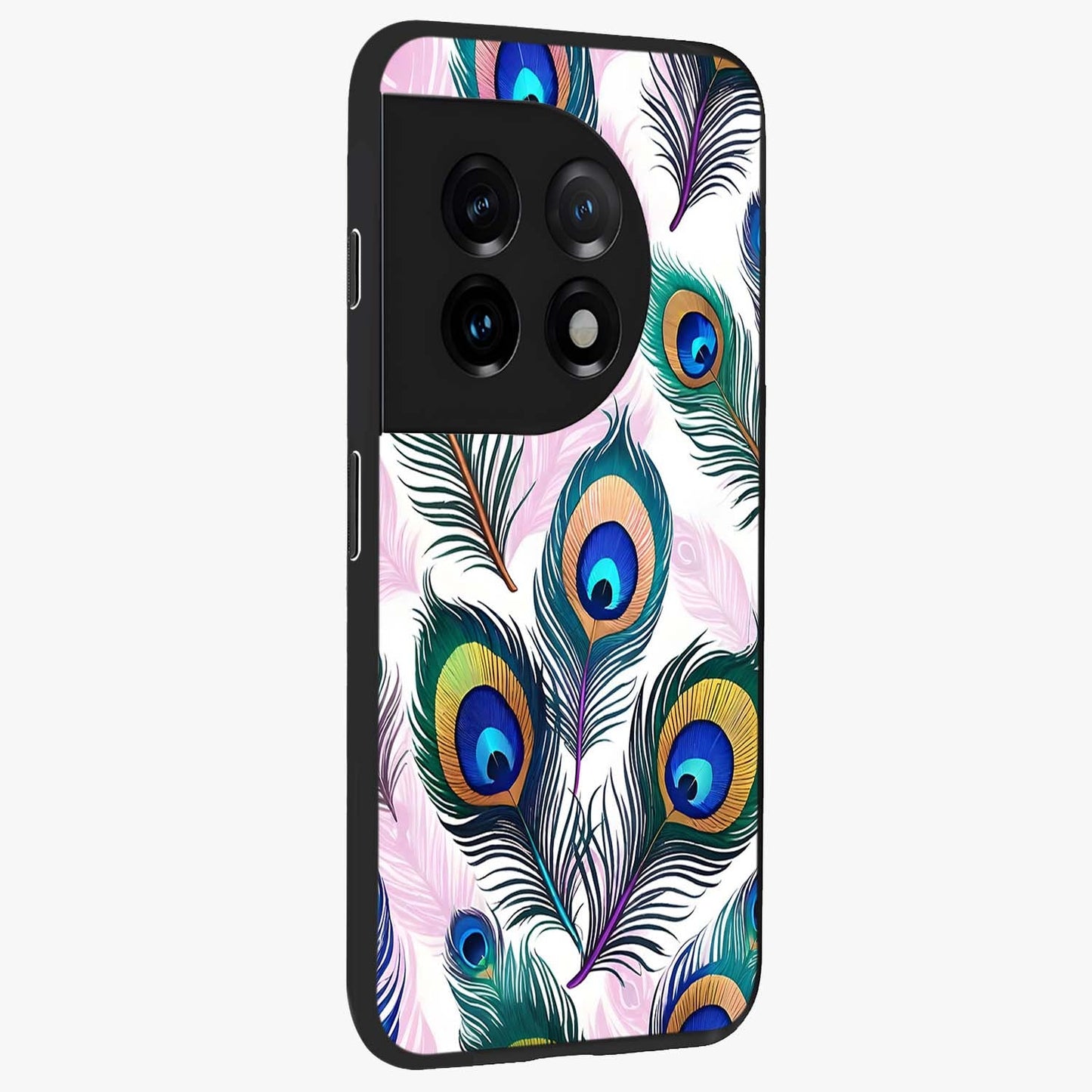 Royal Peacock Feathers Glass Case for 1+11 side perspective highlighting intricate plume textures and sleek premium build