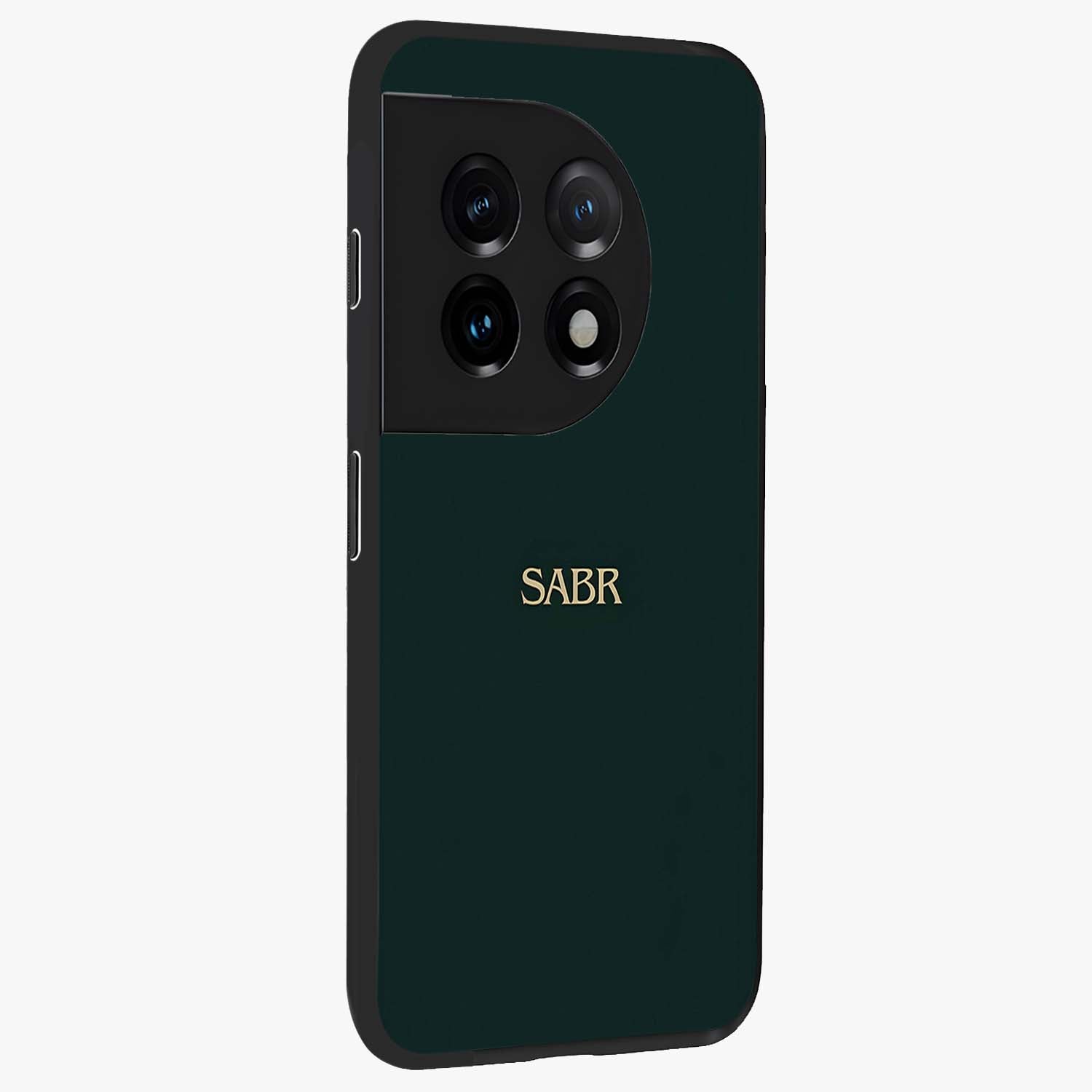 Sabr Minimal Patience Glass Case for 1+11 side perspective highlighting elegant text detailing and sleek build