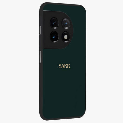 Sabr Minimal Patience Glass Case for 1+11 side perspective highlighting elegant text detailing and sleek build