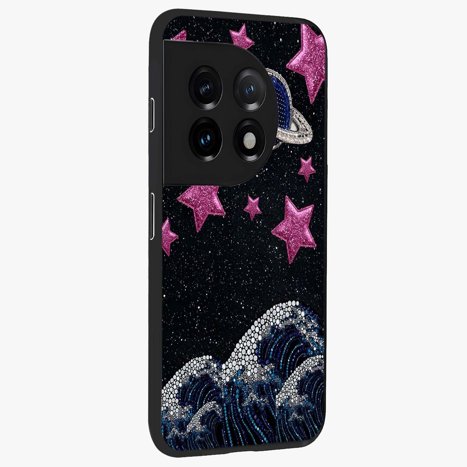 Saturn Pink Storm Glass Case for 1+11 side perspective highlighting planetary textures and premium edges