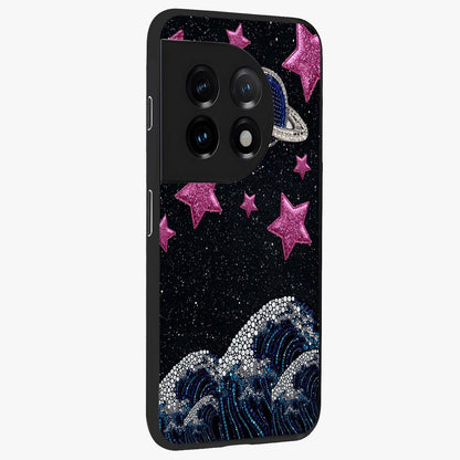 Saturn Pink Storm Glass Case for 1+11 side perspective highlighting planetary textures and premium edges