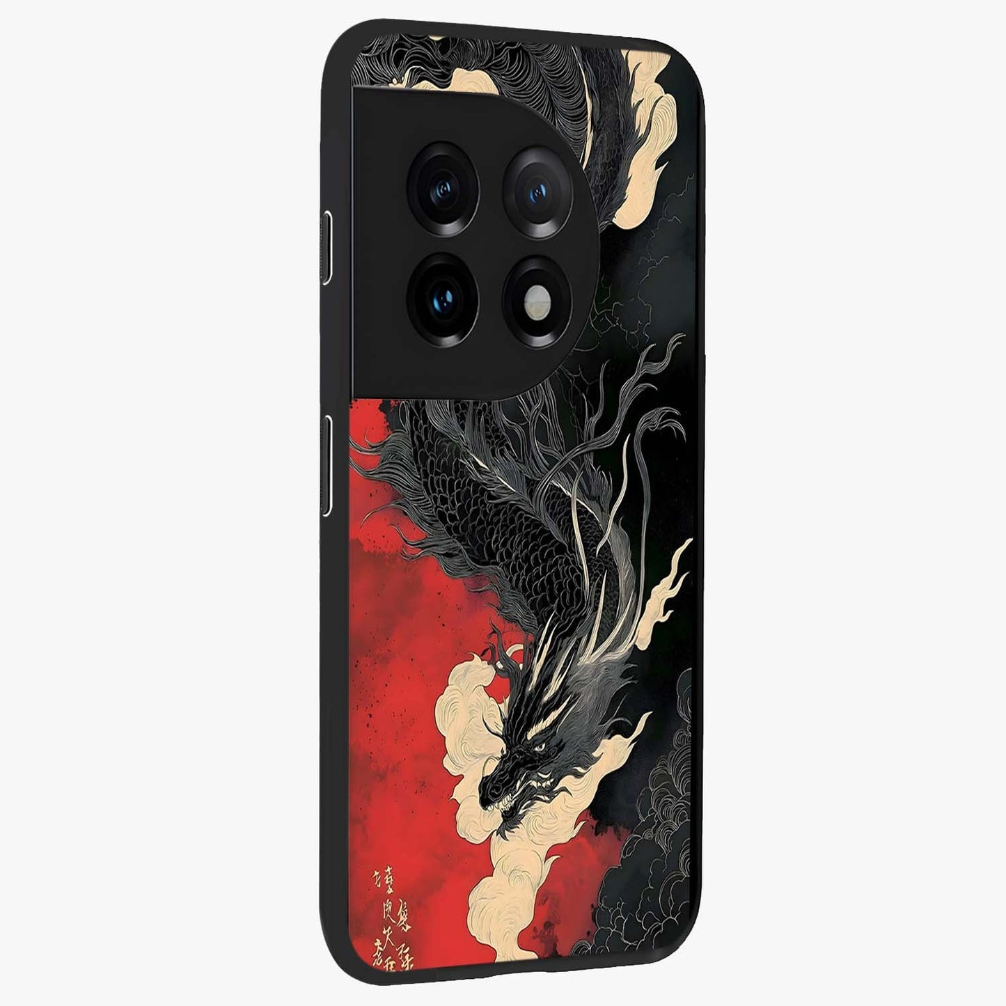 Shadow Dragon Fury Glass Case for 1+11 side perspective highlighting sharp dragon textures and sleek premium build