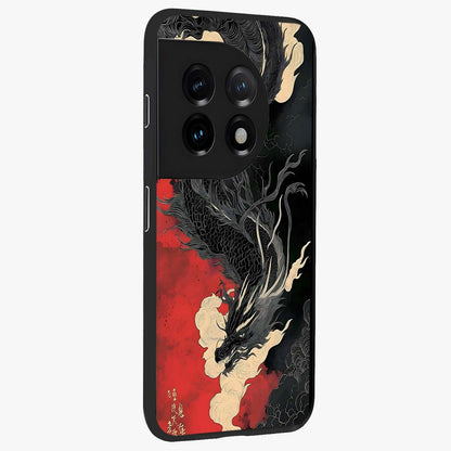 Shadow Dragon Fury Glass Case for 1+11 side perspective highlighting sharp dragon textures and sleek premium build