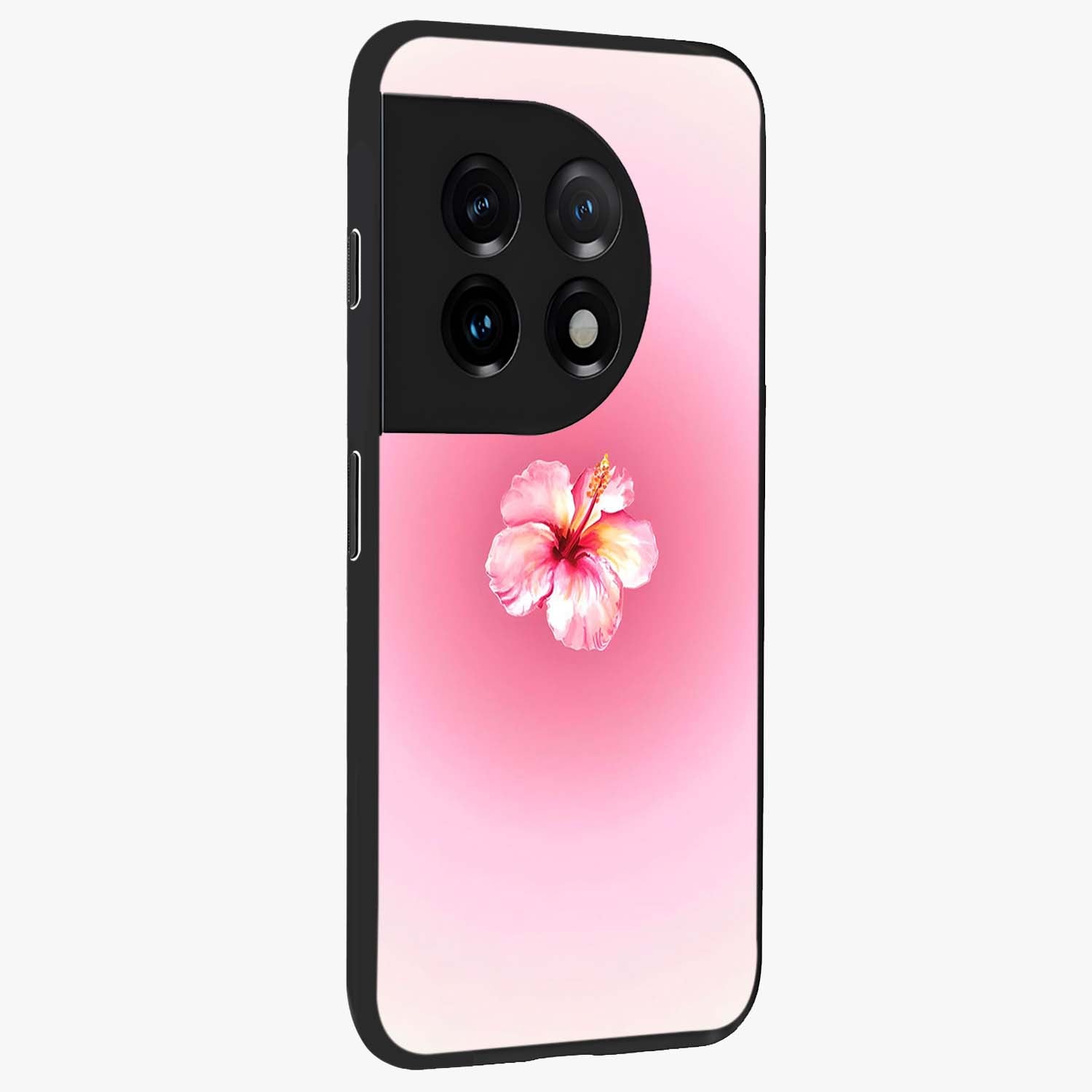 Soft Petal Serenity Glass Case for 1+11 side perspective highlighting refined petal textures and premium edges