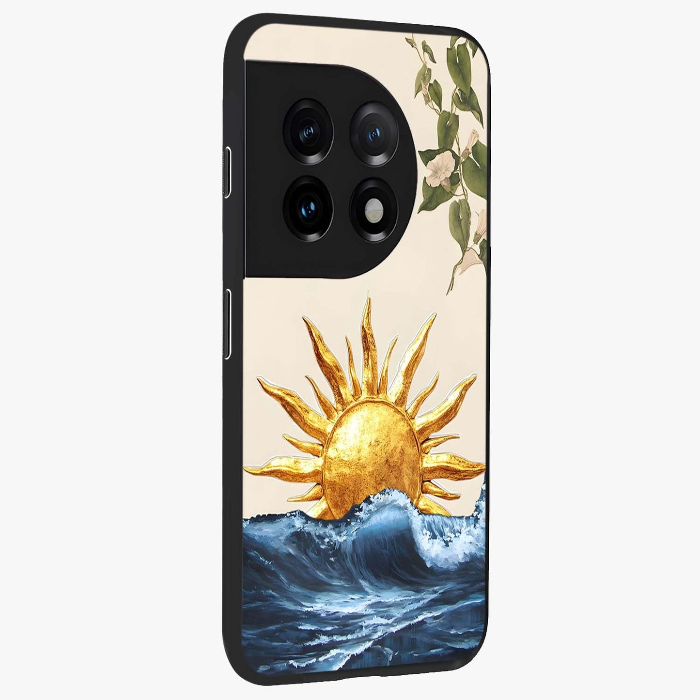 Solar Wave Bloom Glass Case for 1+11 side perspective highlighting radiant textures and premium edges