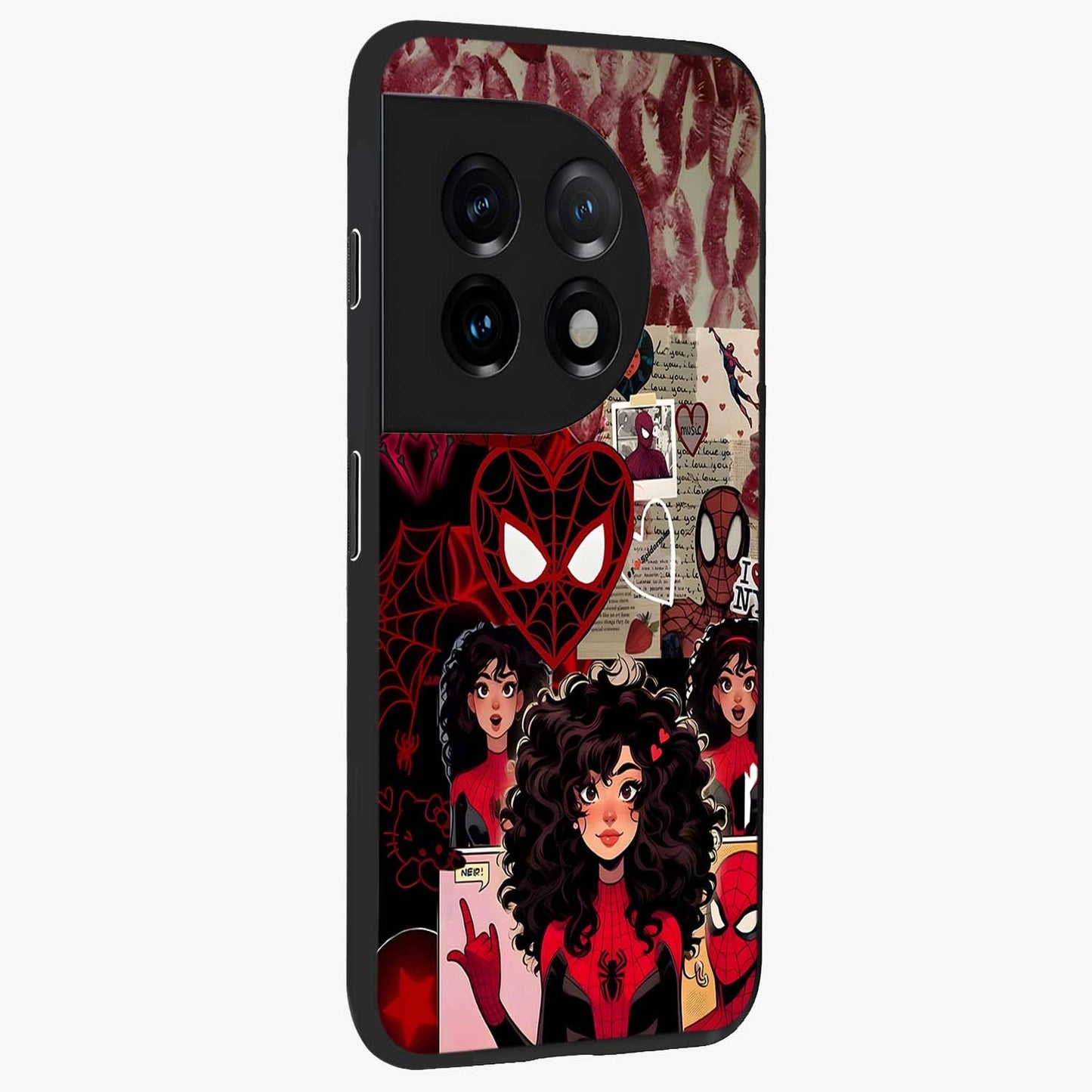 Spider Love Story Glass Case for 1+11 side perspective highlighting dynamic character textures and premium edges