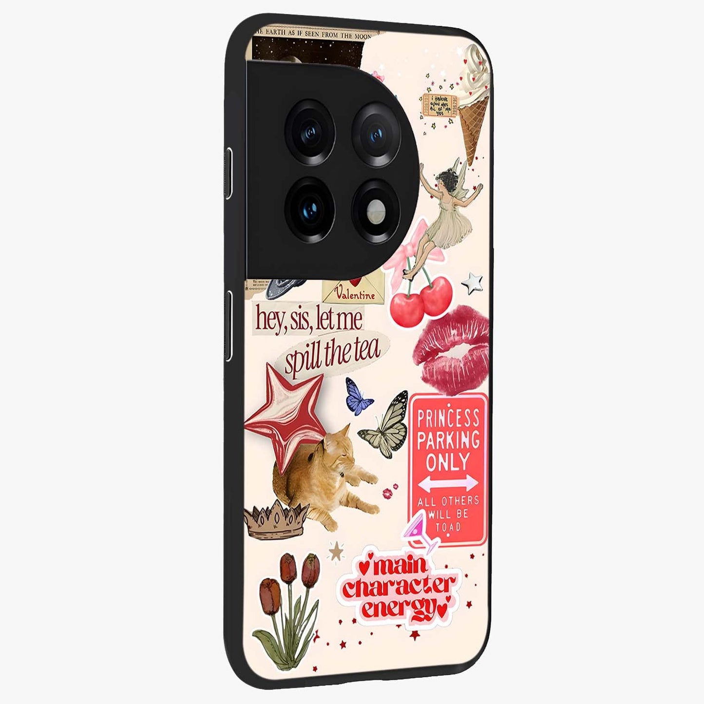 Spill the Tea Retro Collage Glass Case for 1+11 side perspective highlighting layered textures and sleek build