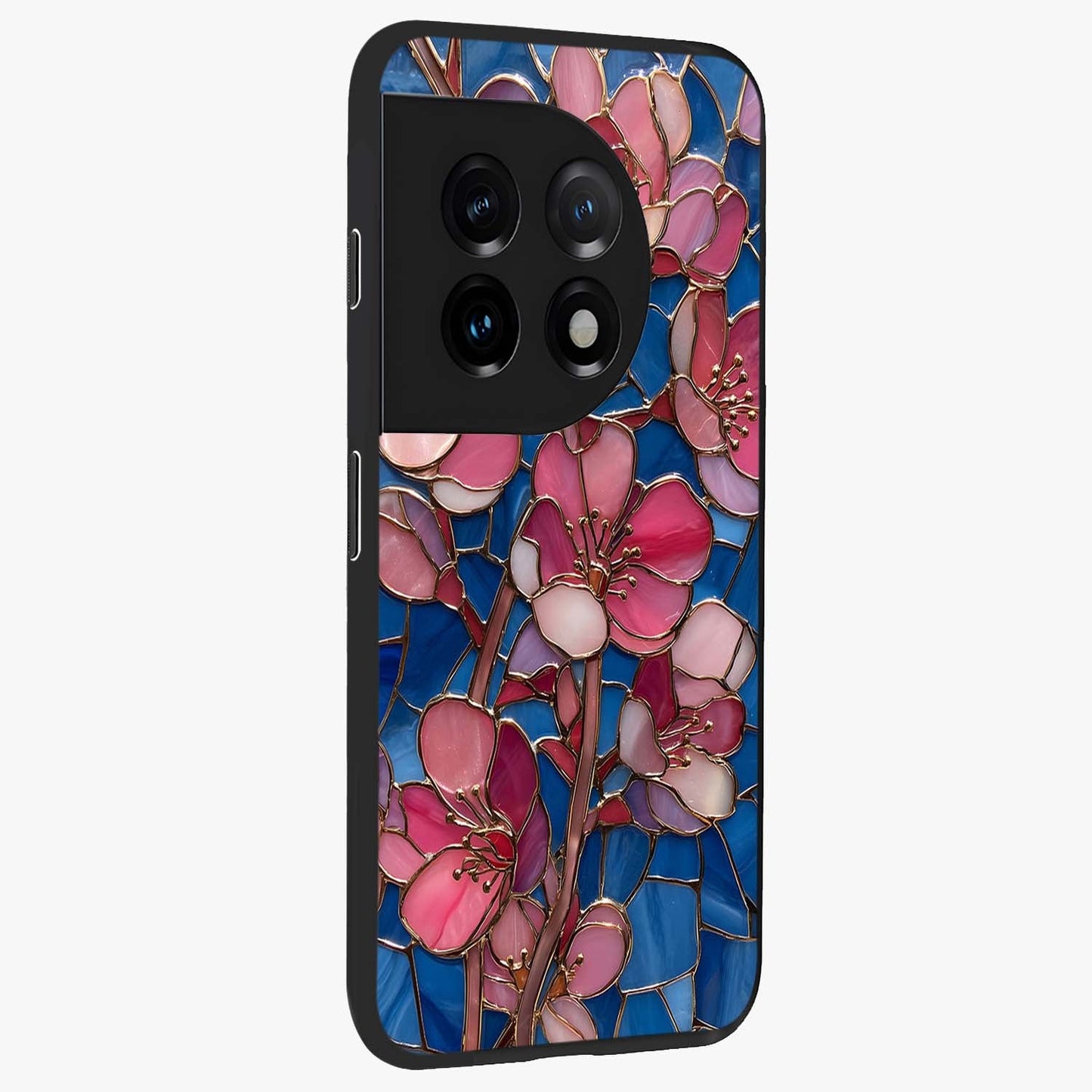 Stained Bloom Grace Glass Case for 1+11 side perspective highlighting intricate bloom textures and smooth premium build