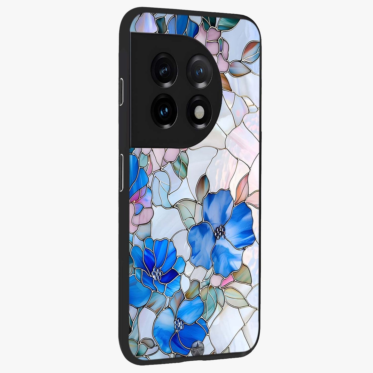 Stained Blue Floral Glass Case for 1+11 side perspective highlighting intricate bloom textures and premium edges