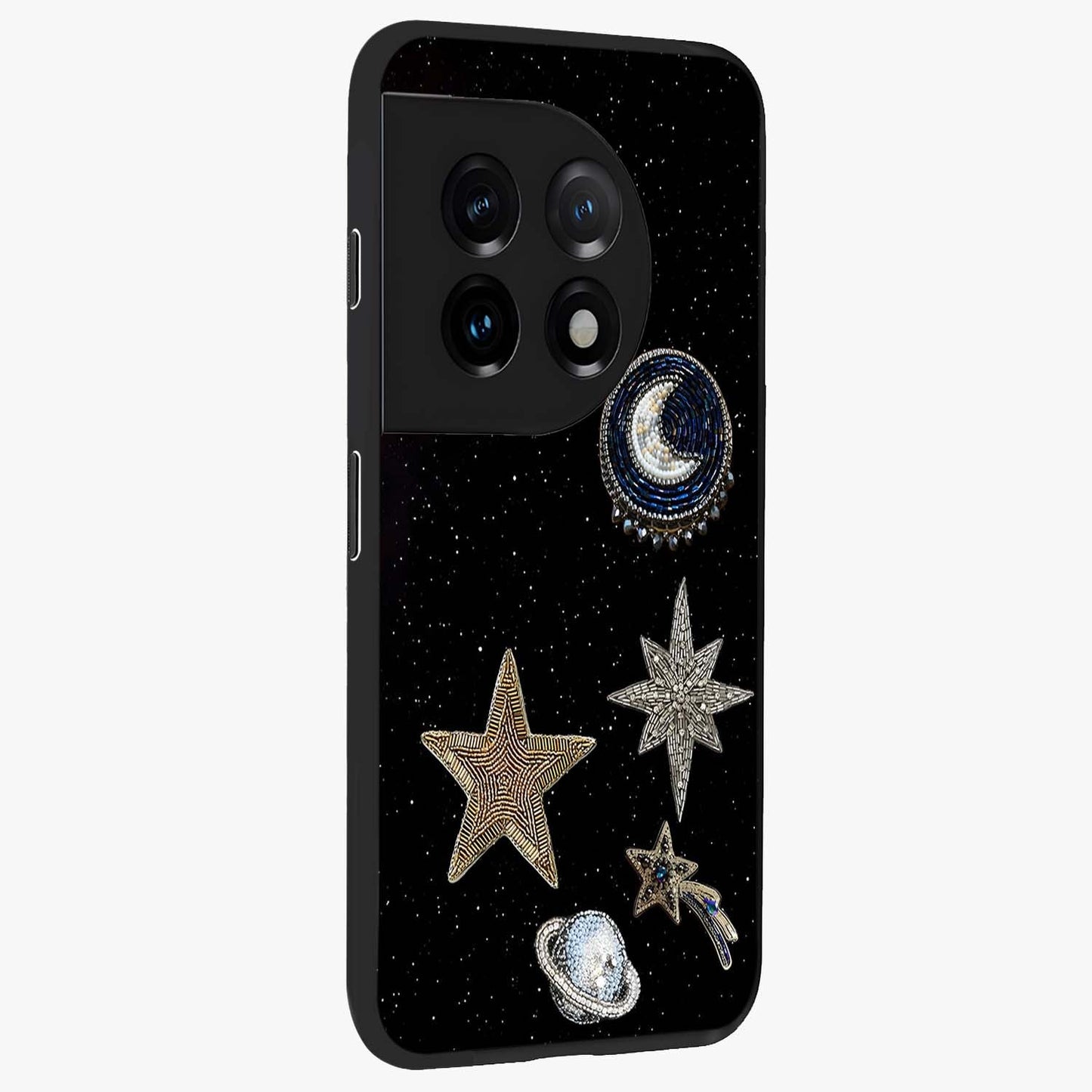 Starlit Cosmic Dreams Glass Case for 1+11 side perspective highlighting luminous textures and premium edges
