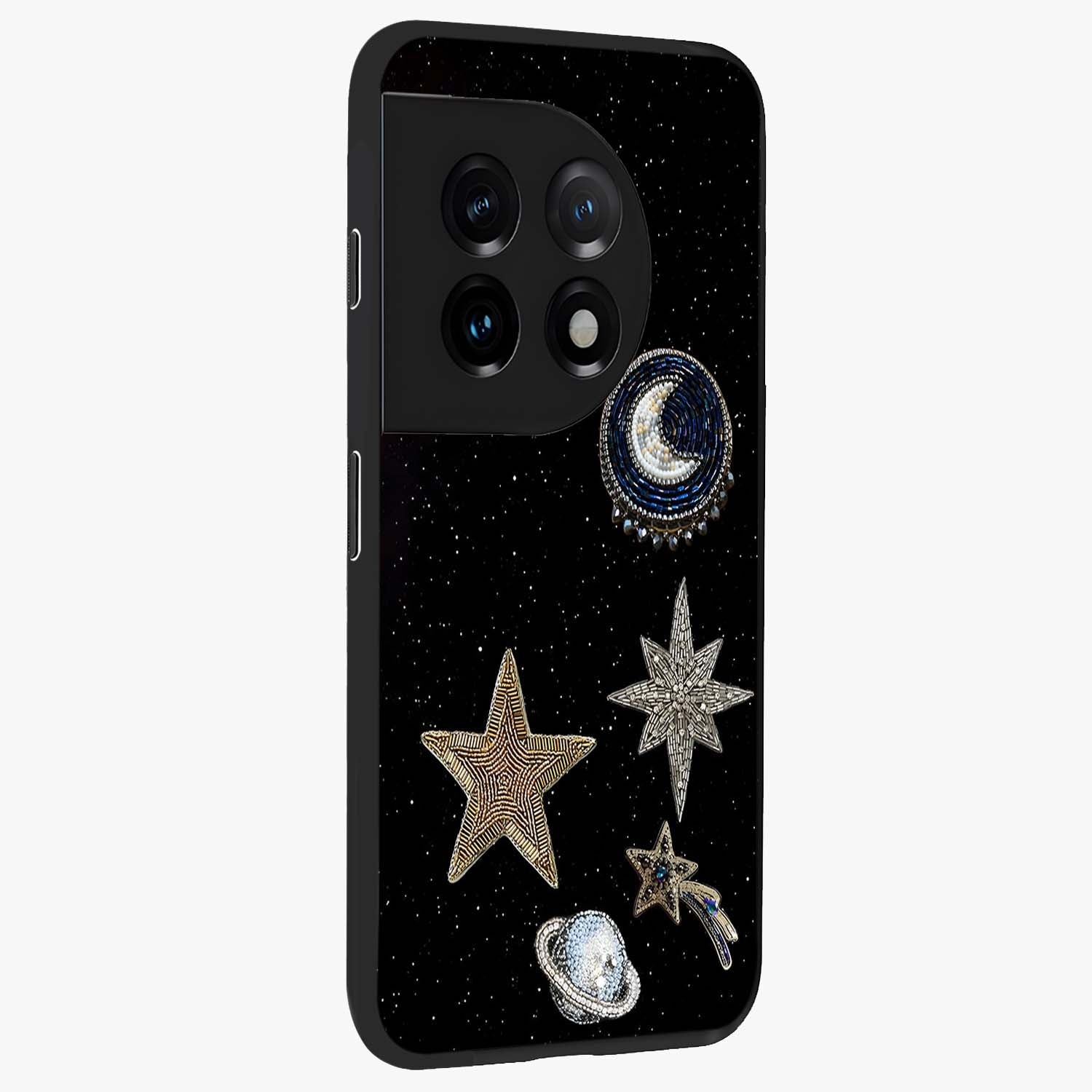 Starlit Cosmic Dreams Glass Case for 1+11 side perspective highlighting luminous textures and premium edges