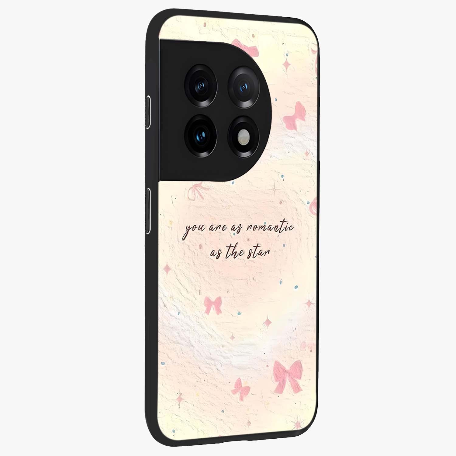Starry Bow Romance Glass Case for 1+11 side perspective highlighting delicate detailing and premium edges