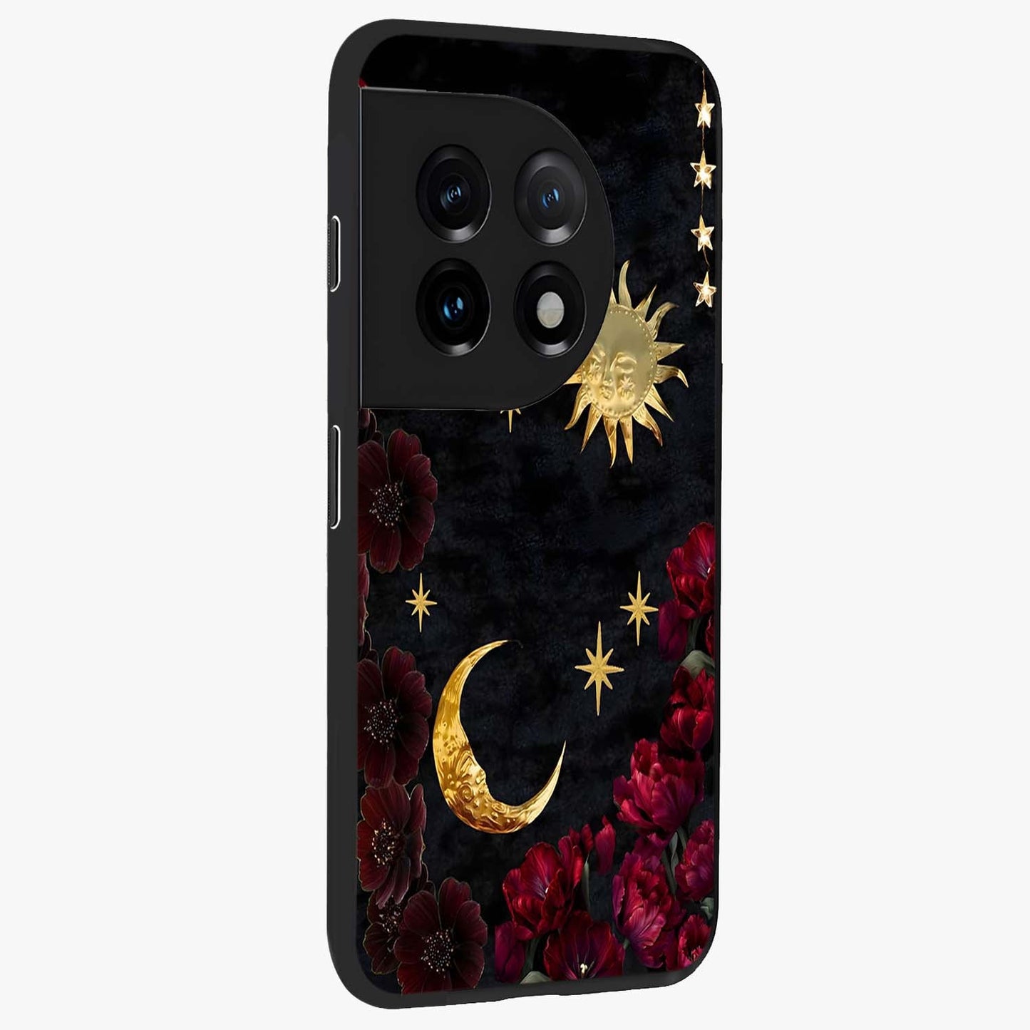 Sunflower Custom Name Glass Case for 1+11 side perspective highlighting custom typography and vibrant bloom textures