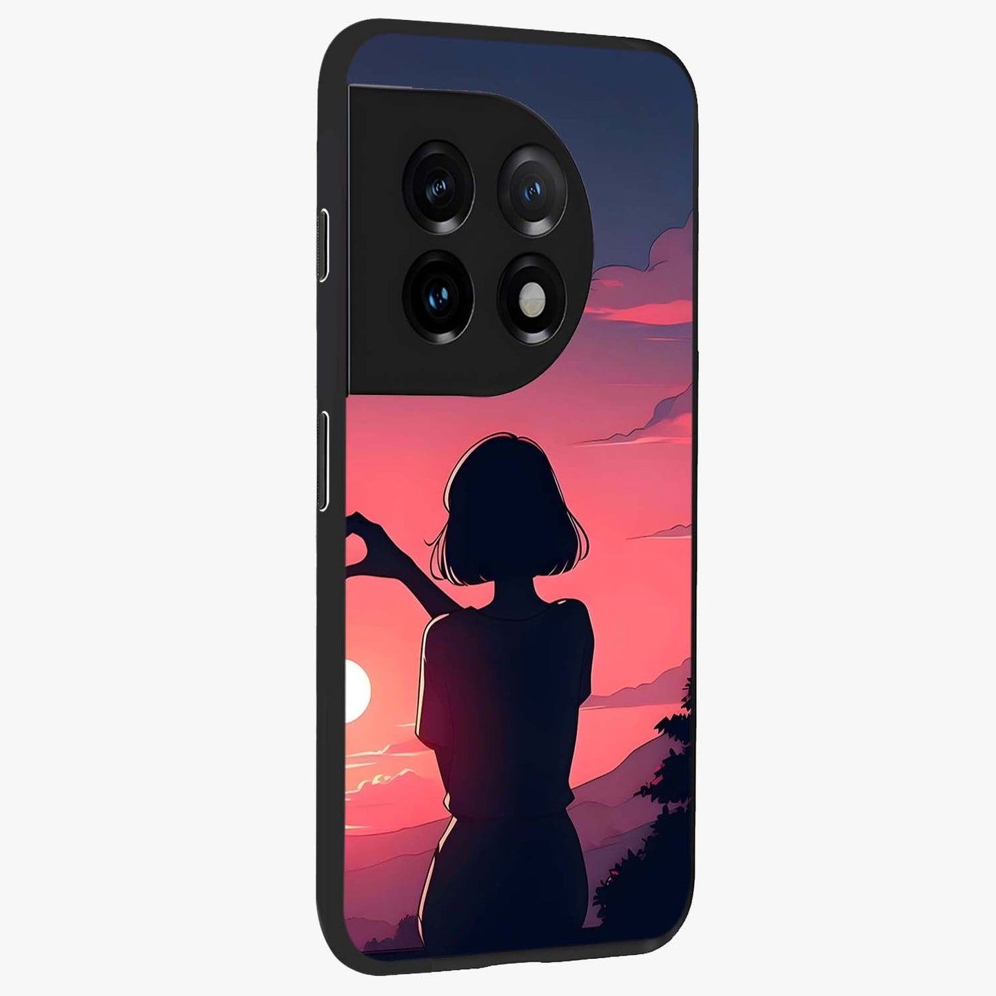 Sunset Silhouette Boy Glass Case for 1+11 side perspective highlighting dramatic horizon textures and premium edges