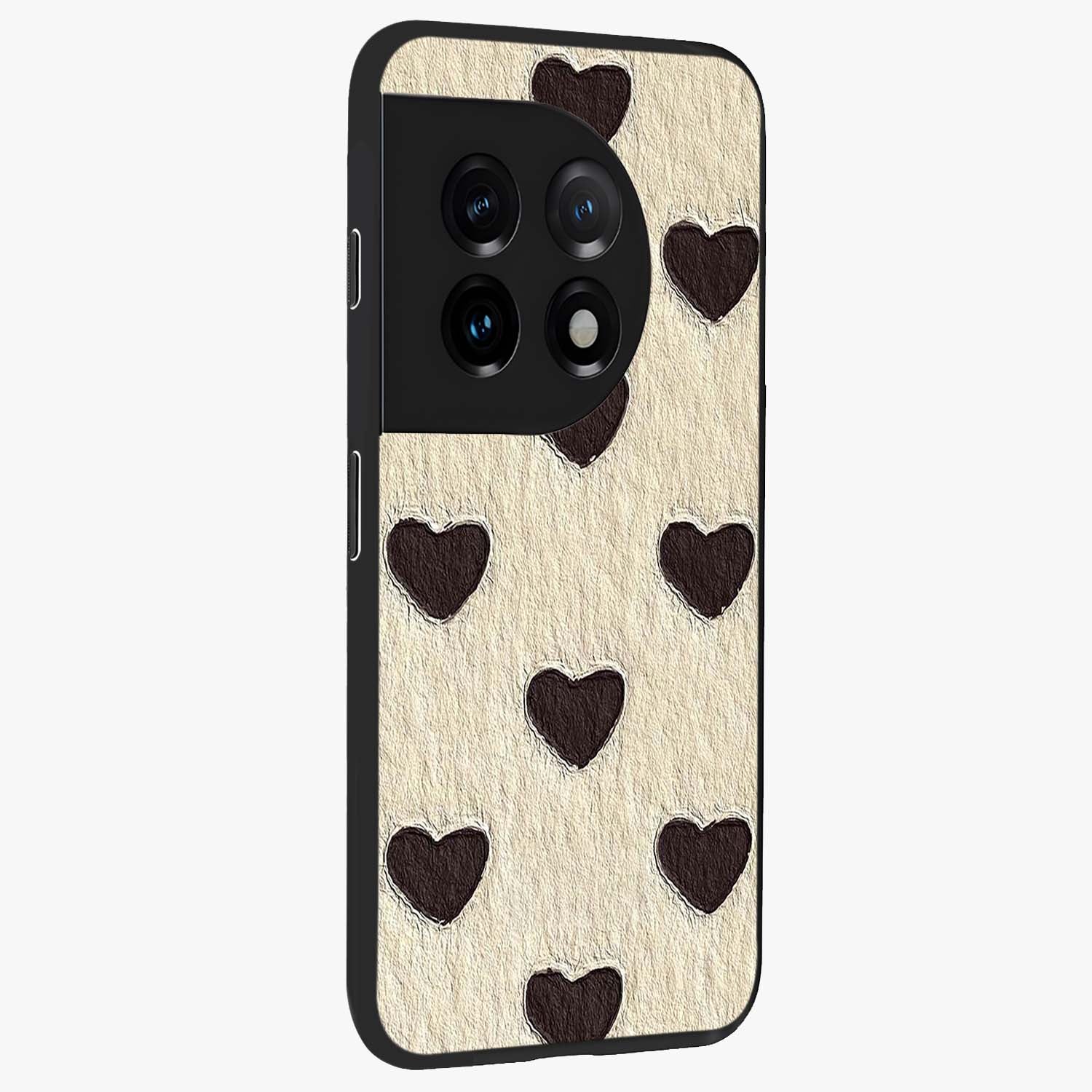 Textured Love Pattern Glass Case for 1+11 side perspective highlighting soft textures and smooth premium build