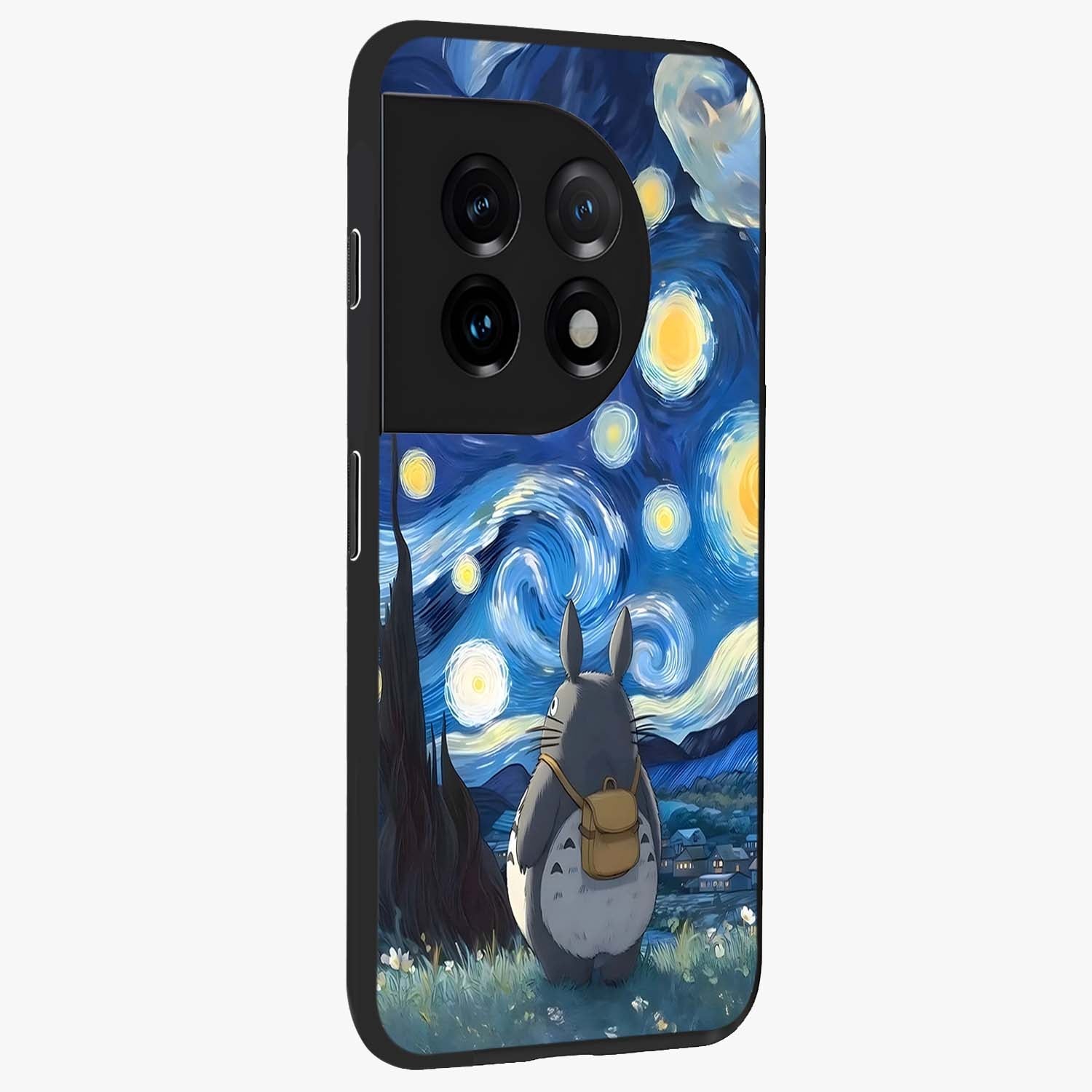 Totoro in Van Gogh Art Glass Case for 1+11 side perspective highlighting textured artistic patterns and premium edges