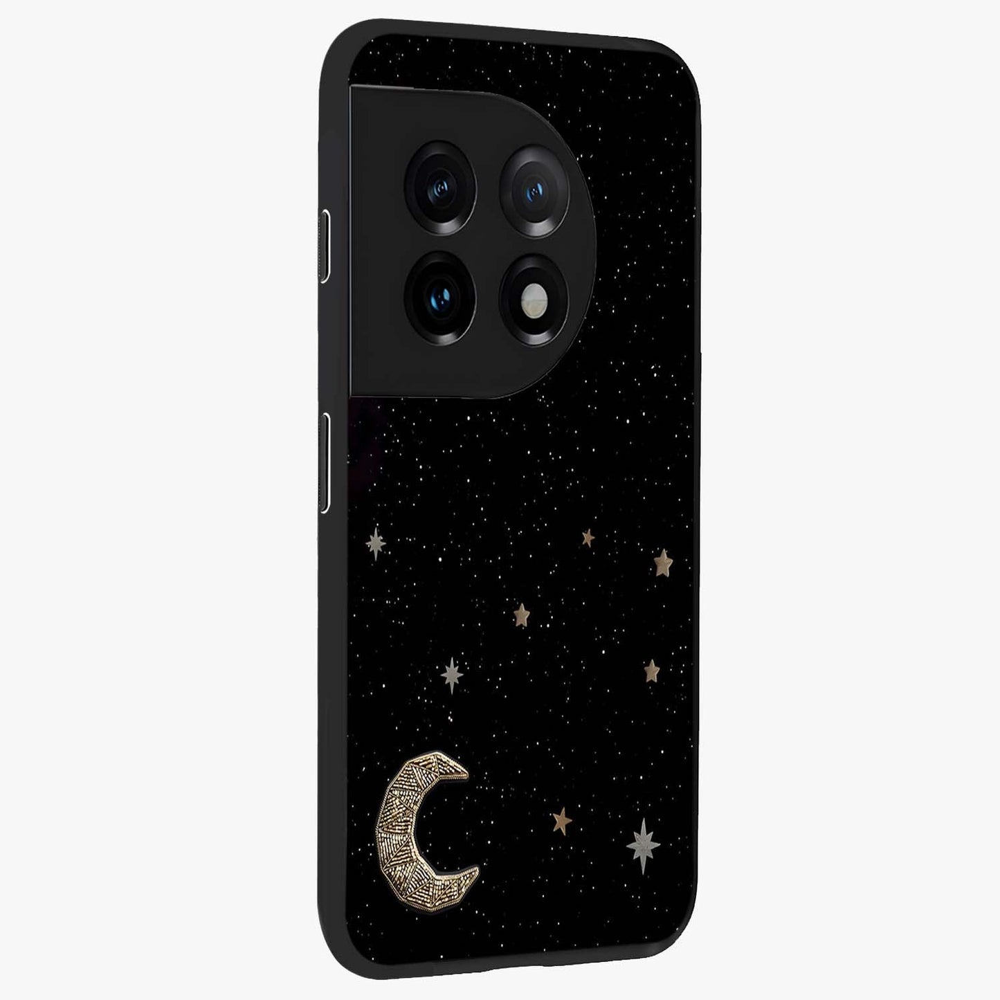 Twinkle Star With Half Moon Glass Case for 1+11 side perspective highlighting glowing star textures and smooth build