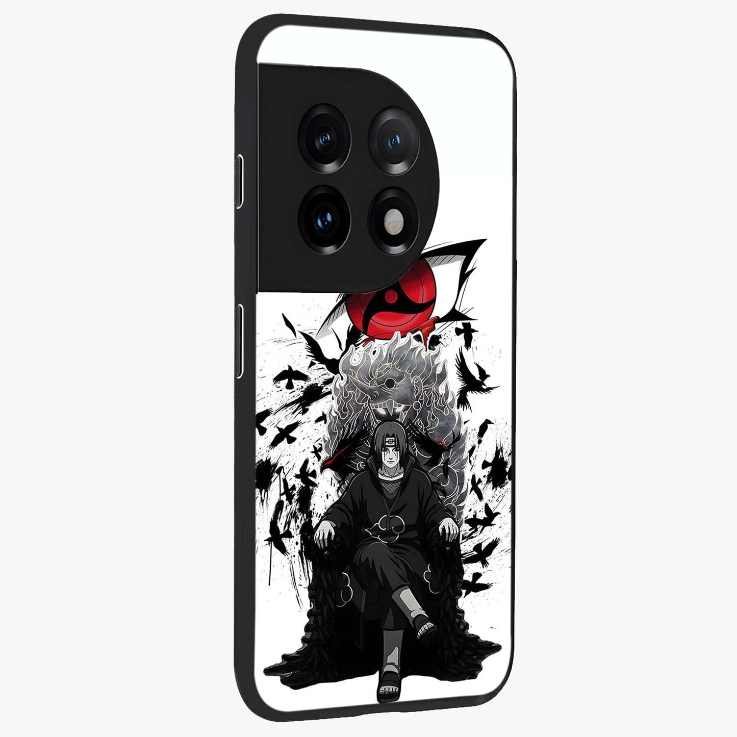 Uchiha Shadow Throne Glass Case for 1+11 side perspective highlighting bold character textures and premium edges