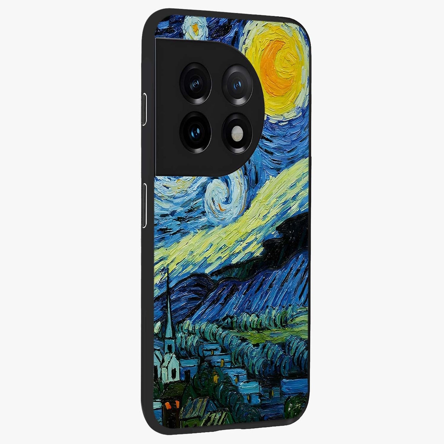 Van Gogh Art Glass Case for 1+11 side perspective highlighting vibrant artistic detailing and smooth premium build