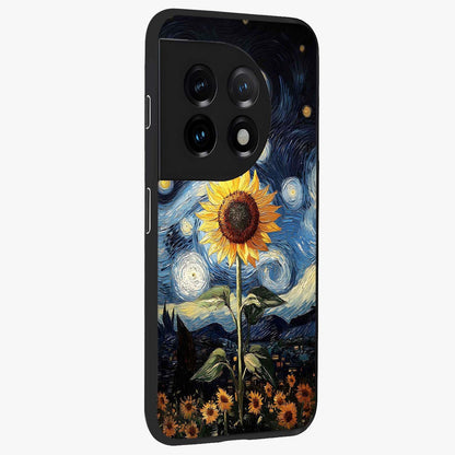 Van Gogh Sunflower Glass Case for 1+11 side perspective highlighting textured brushstroke details and premium edges