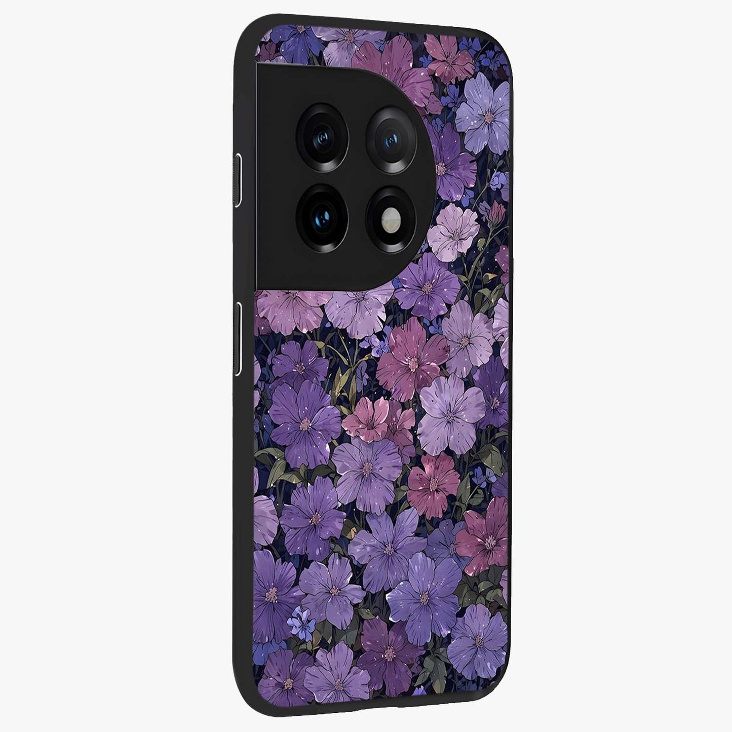 Velvet Bloom Tapestry Glass Case for 1+11 side perspective highlighting intricate bloom textures and premium edges