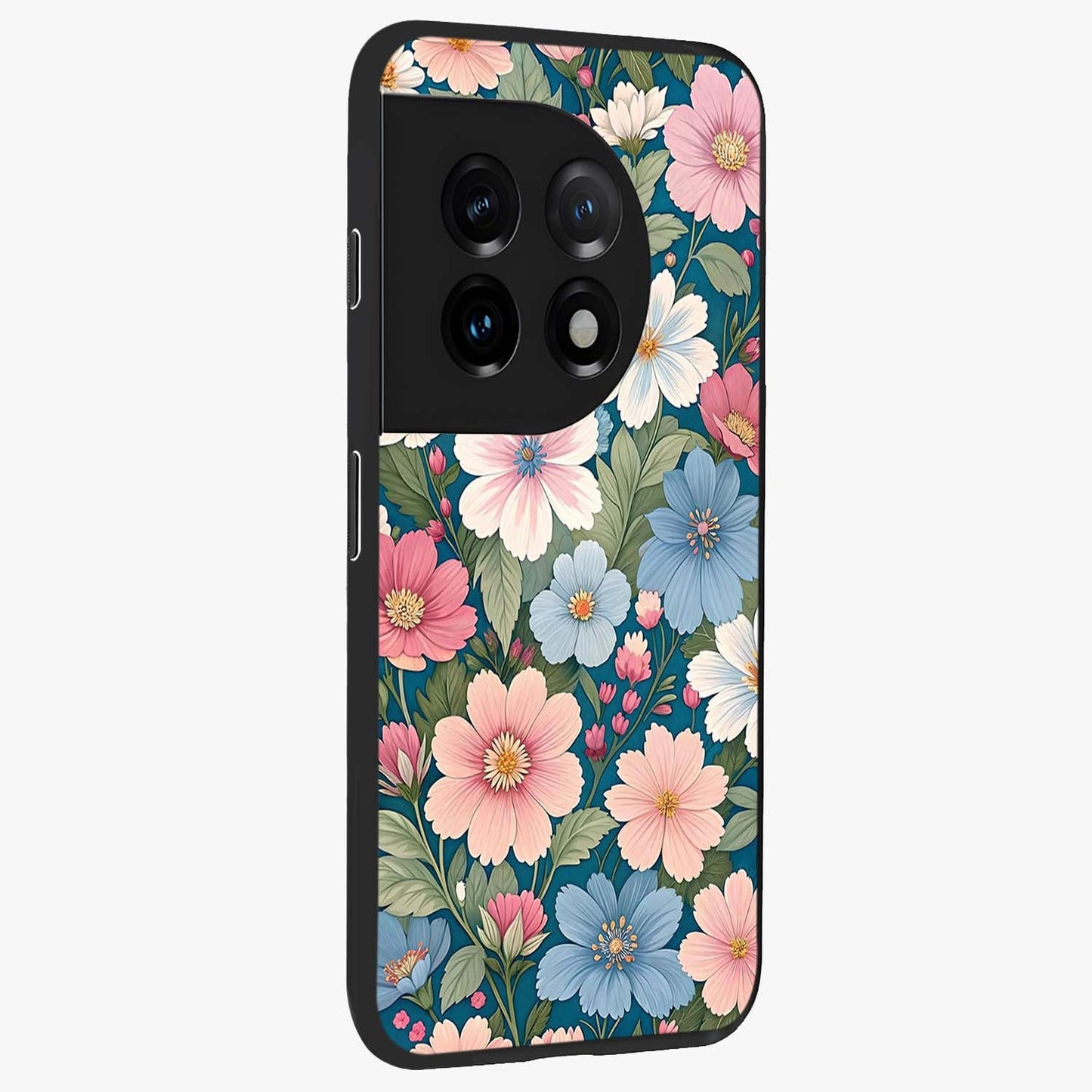 Vintage Floral Charm Glass Case for 1+11 side perspective highlighting refined floral textures and premium edges