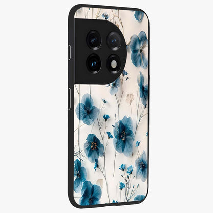 Whispers of Blue Bloom Glass Case for 1+11 side perspective highlighting intricate bloom textures and premium edges