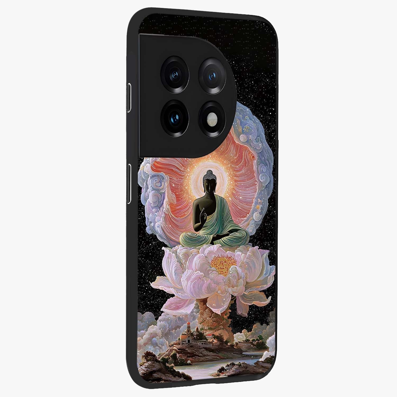 Zen Lotus Realm Glass Case for 1+11 side perspective highlighting refined textures and smooth premium build