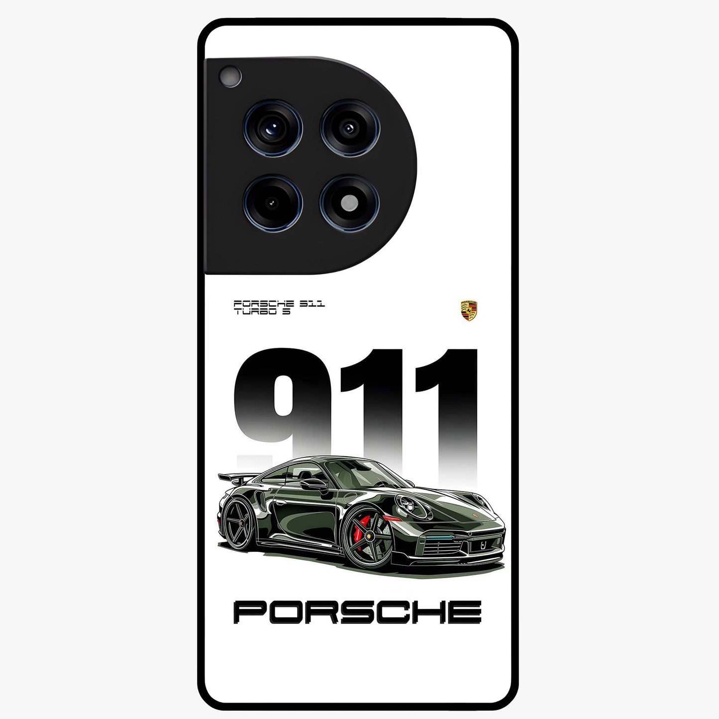 911 Turbo Dominance Glass Case for 1+12R bold front view featuring large 911 graphic and detailed green Porsche sports car artwork