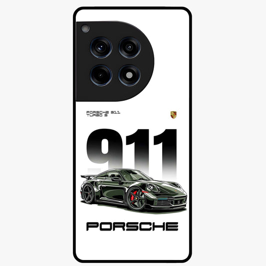 911 Turbo Dominance Glass Case for 1+12R bold front view featuring large 911 graphic and detailed green Porsche sports car artwork