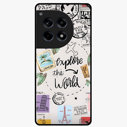 Adventure Awaits Art Glass Case for 1+12R front view featuring bold travel inspired typography artwork
