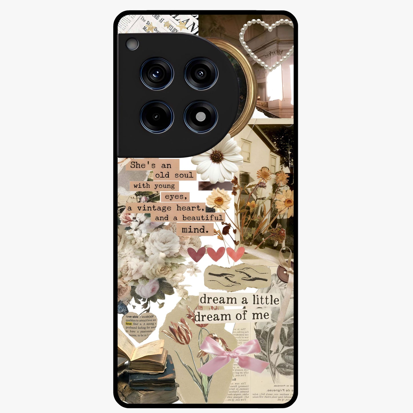 Aesthetic Brown Vintage Collage Glass Case for 1+12R front view featuring retro collage artwork in earthy tones