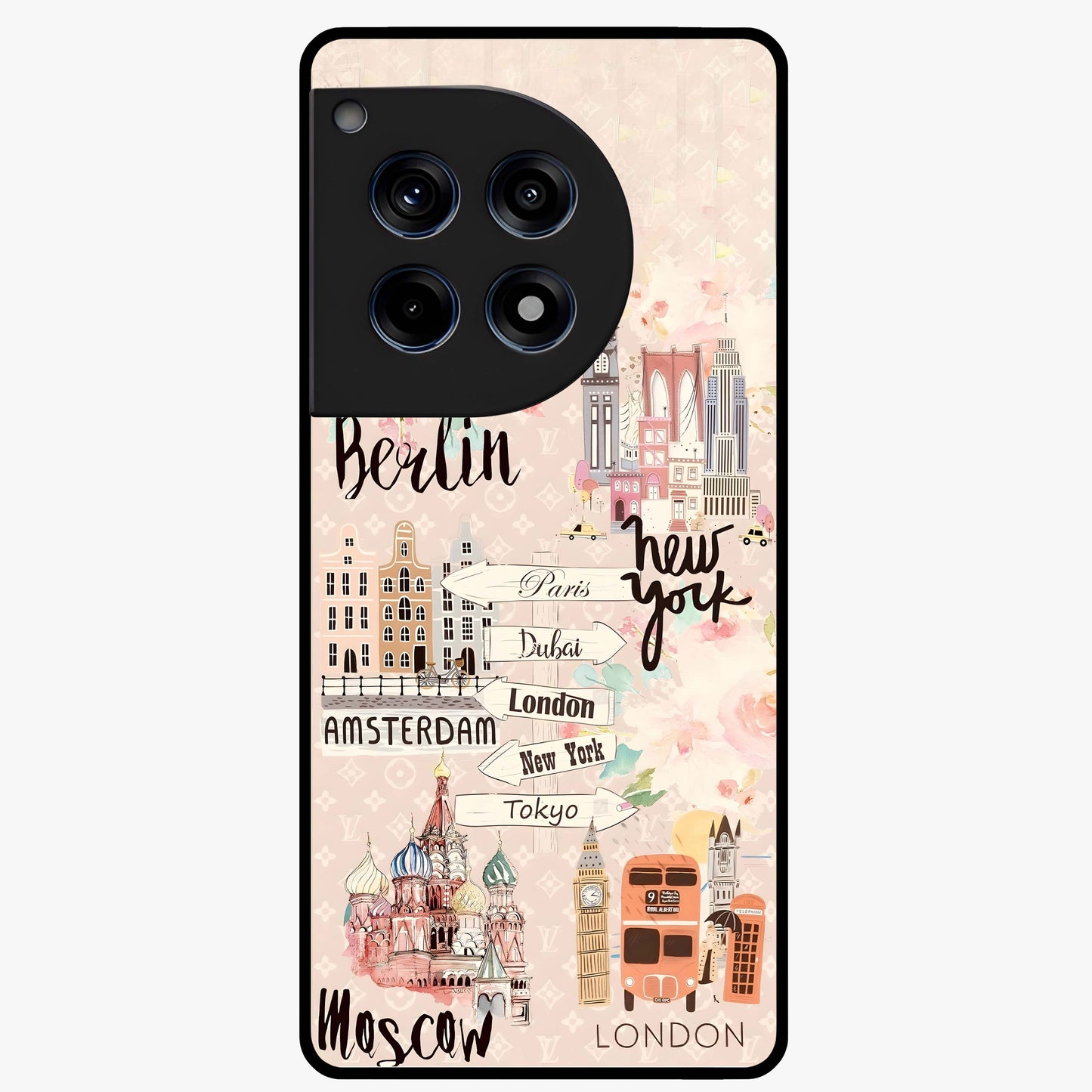 Aesthetic Travel Glass Case for 1+12R front view featuring wanderlust inspired travel artwork
