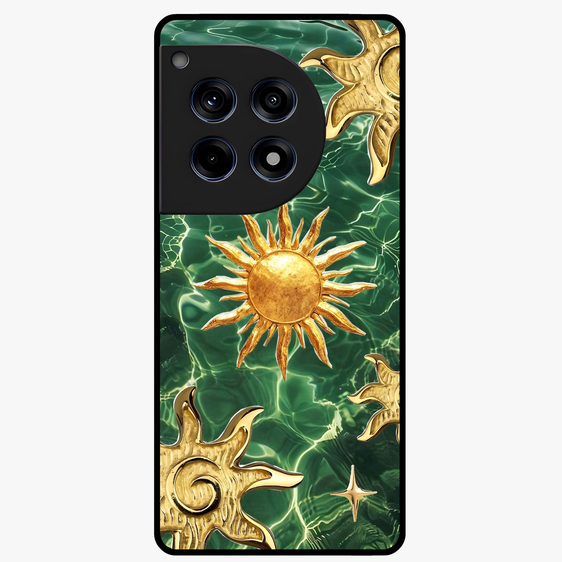 Aqua Sun Mirage Glass Case for 1+12R vibrant front view featuring aqua blue sun inspired artwork