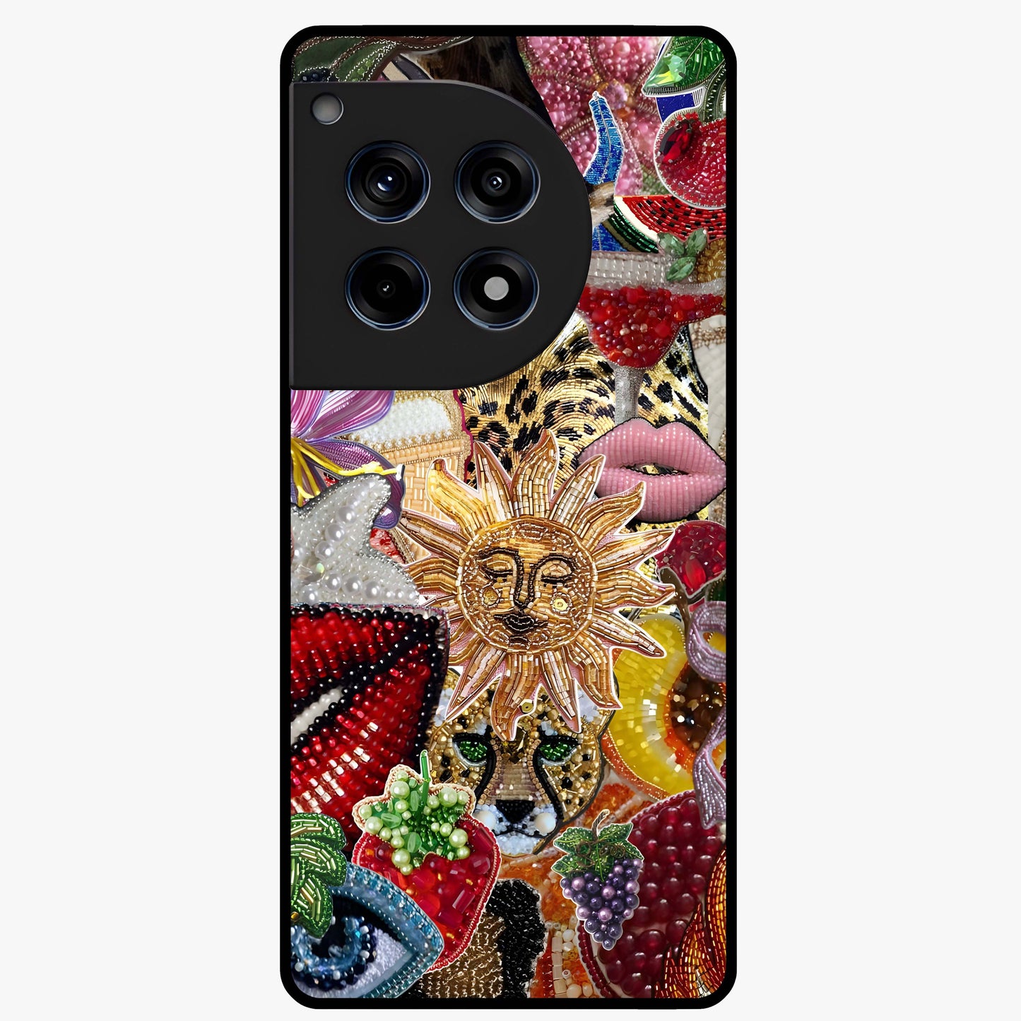 Beaded Fashion Jungle Glass Case for 1+12R bold front view featuring beaded jungle themed artwork