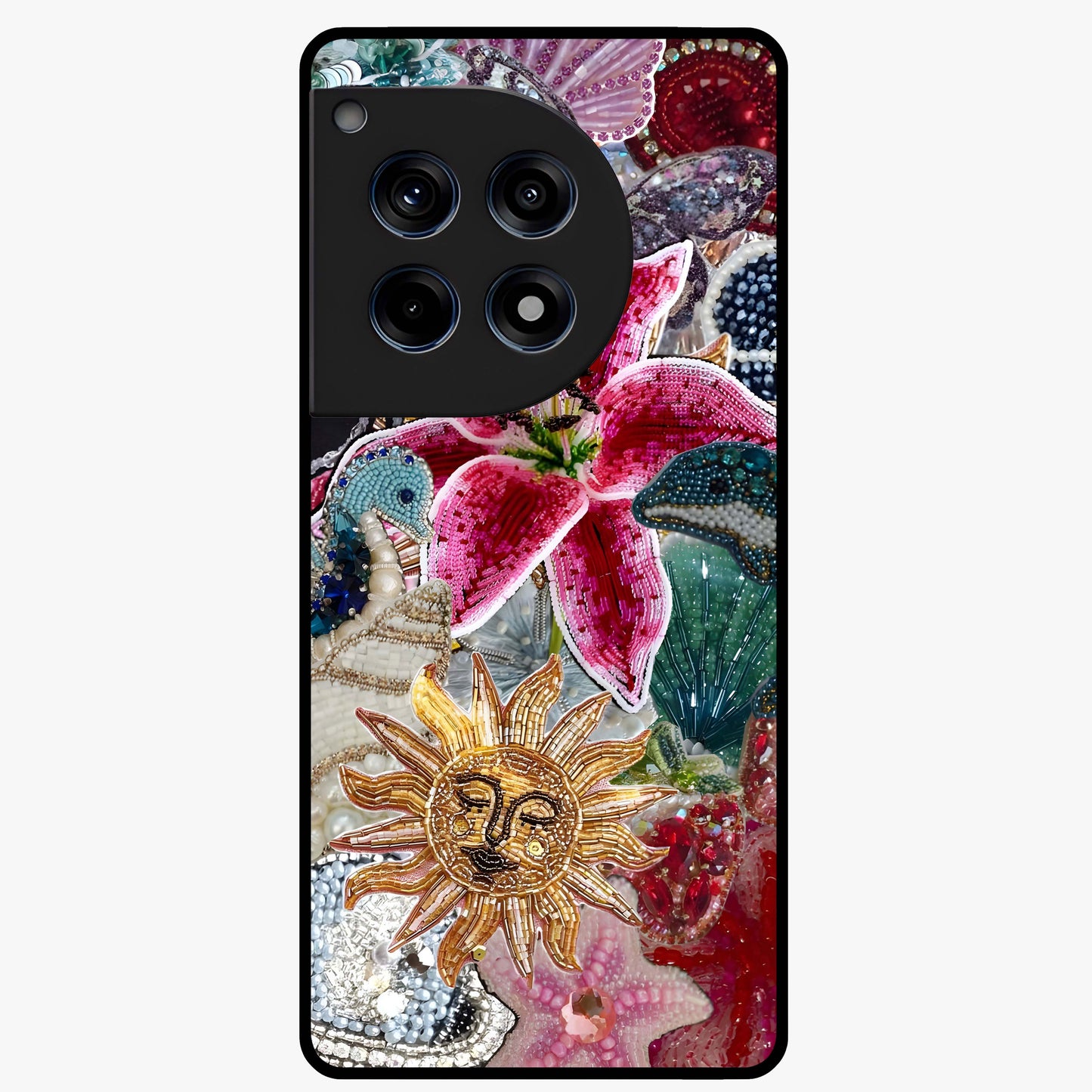 Beaded Garden Fantasy Glass Case for 1+12R front view featuring colorful beaded floral garden artwork