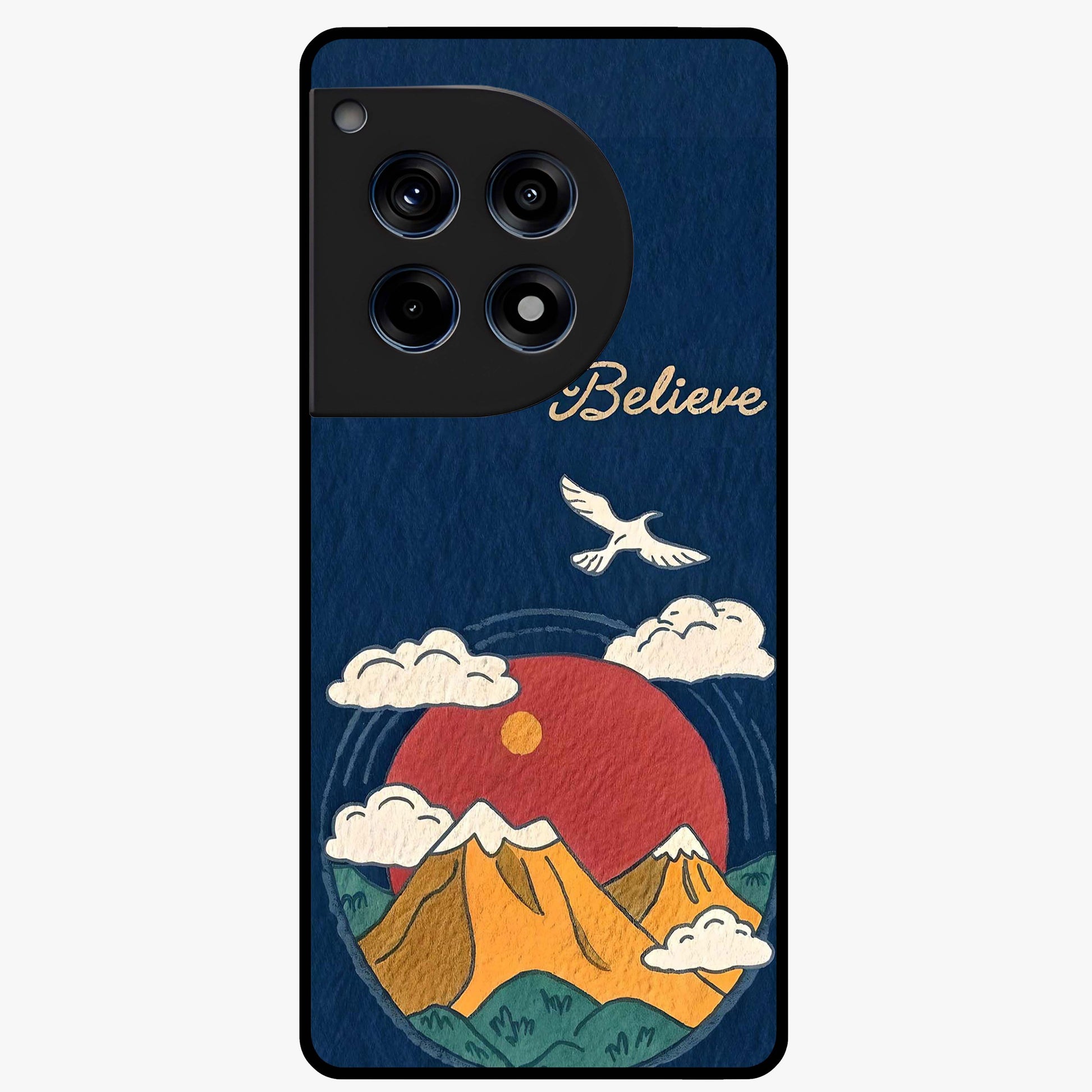 Believe Sky Escape Glass Case for 1+12R inspirational front view featuring sky inspired artwork with uplifting message