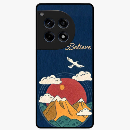 Believe Sky Escape Glass Case for 1+12R inspirational front view featuring sky inspired artwork with uplifting message