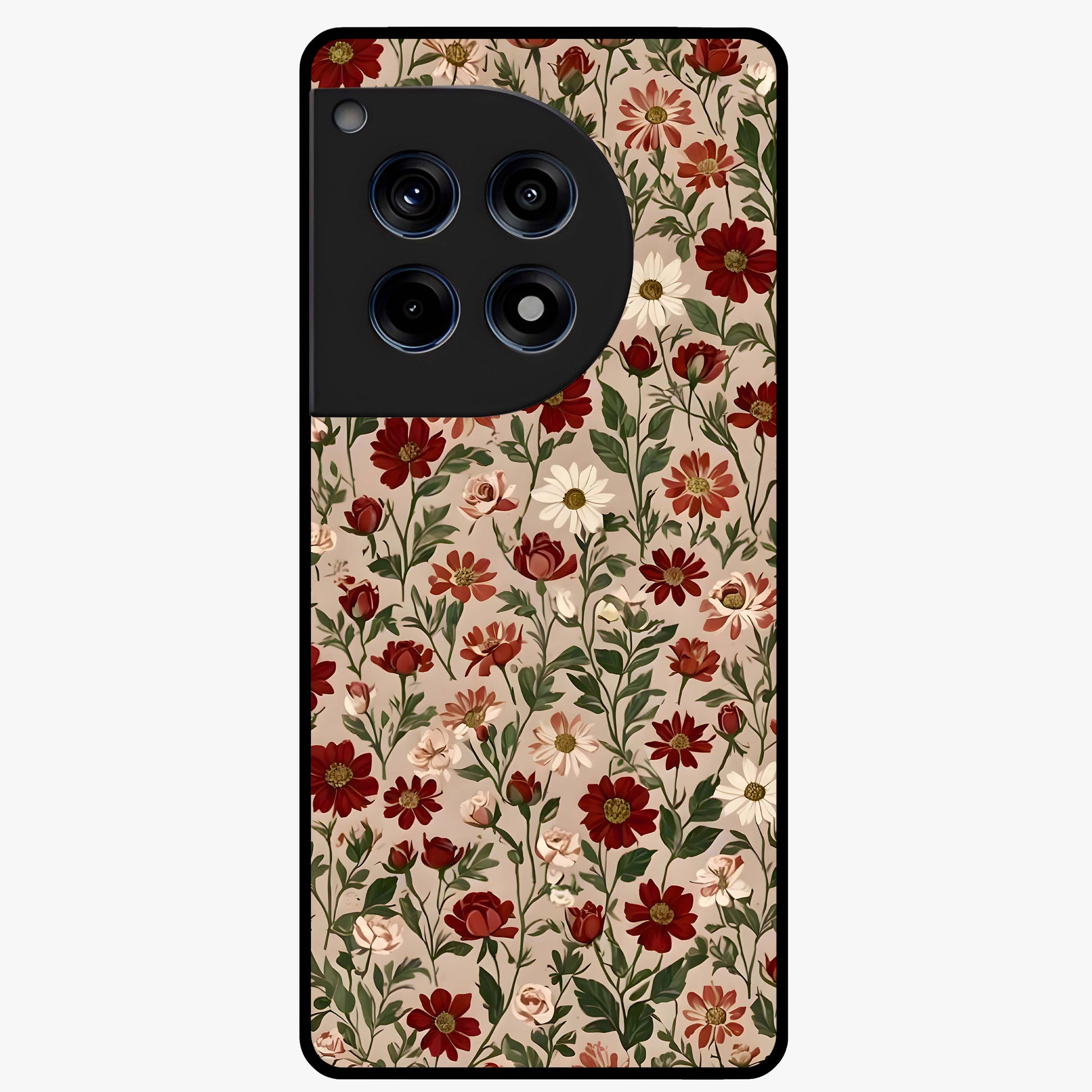 Biege Flower With Leaf Glass Case for 1+12R front view featuring soft beige floral artwork with leaf detailing