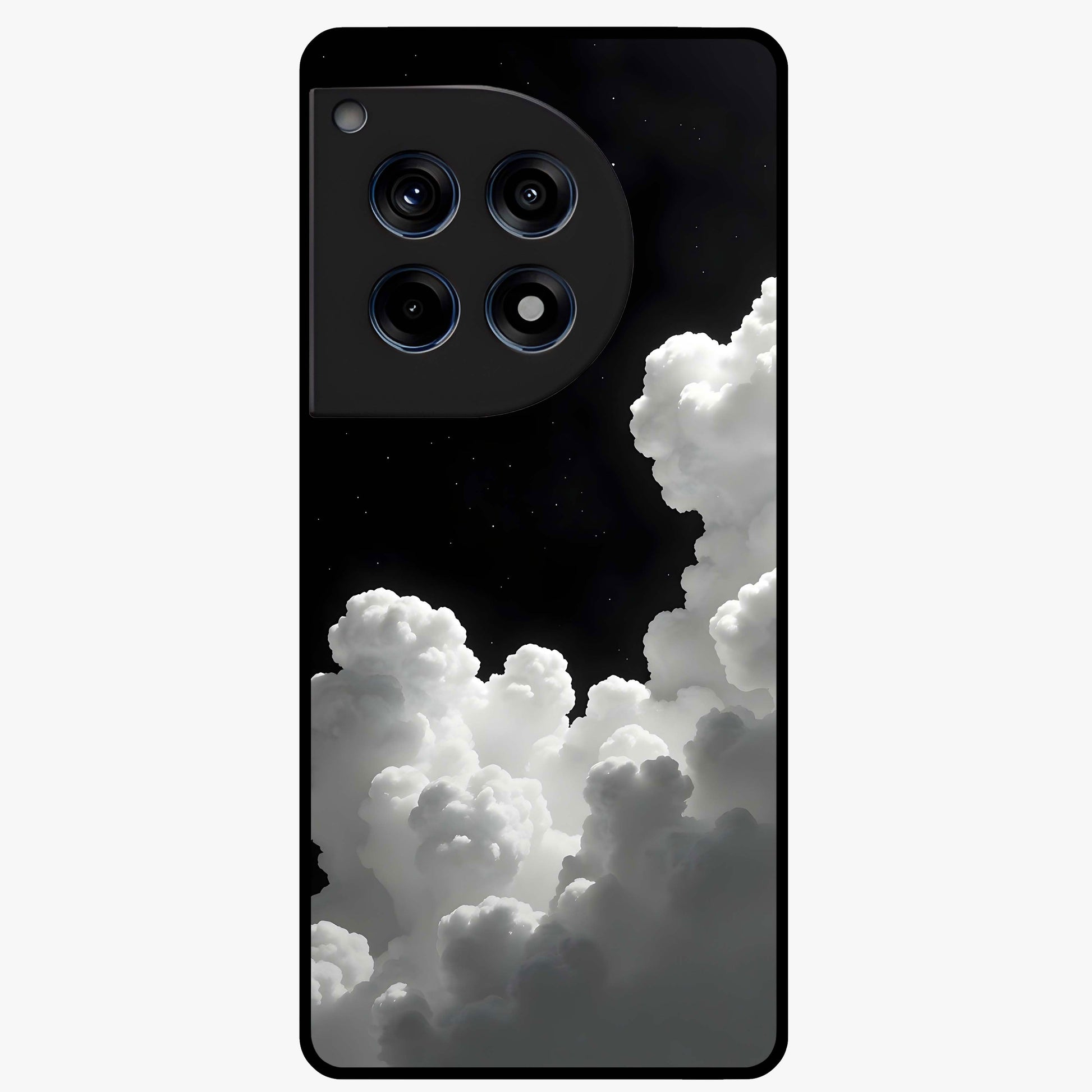 Black Background With White Cloud Glass Case for 1+12R striking front view featuring white cloud artwork on deep black backdrop