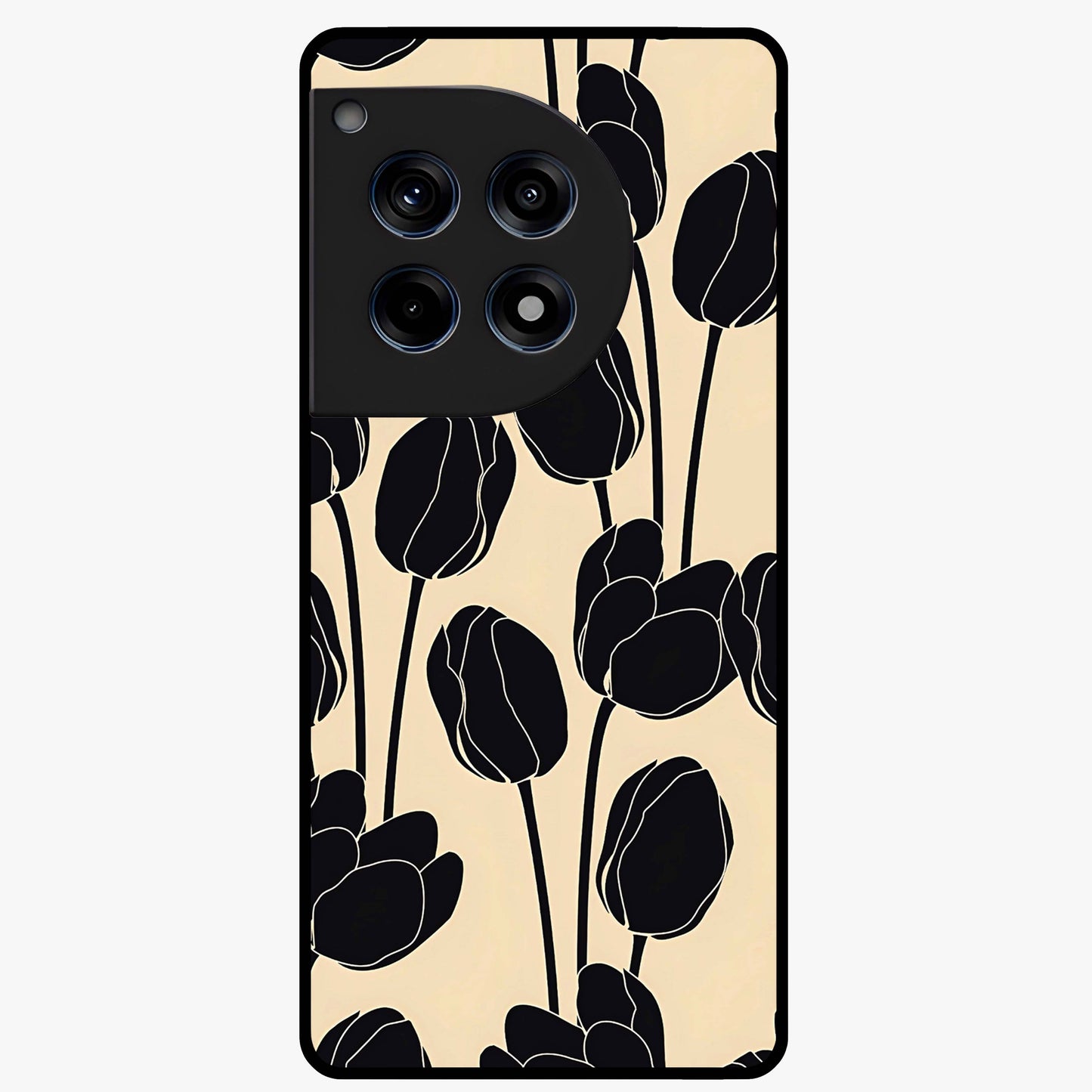 Black Designer Tulip Glass Case for 1+12R elegant front view featuring refined tulip artwork on black background