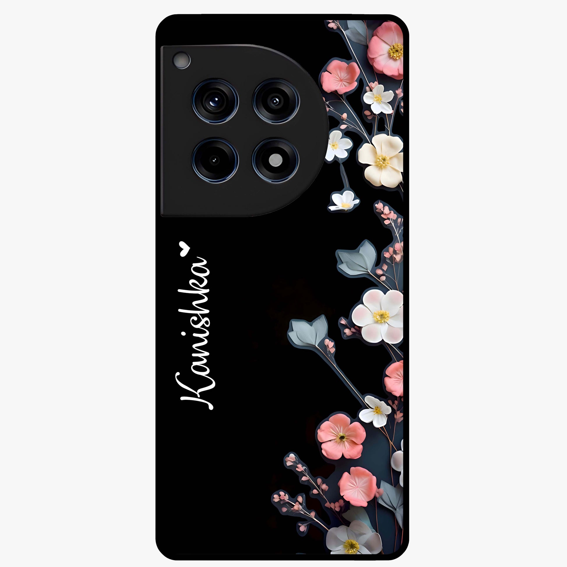 Black Elegance Floral Custom Name Glass Case for 1+12R luxurious front view featuring floral artwork with personalized name design