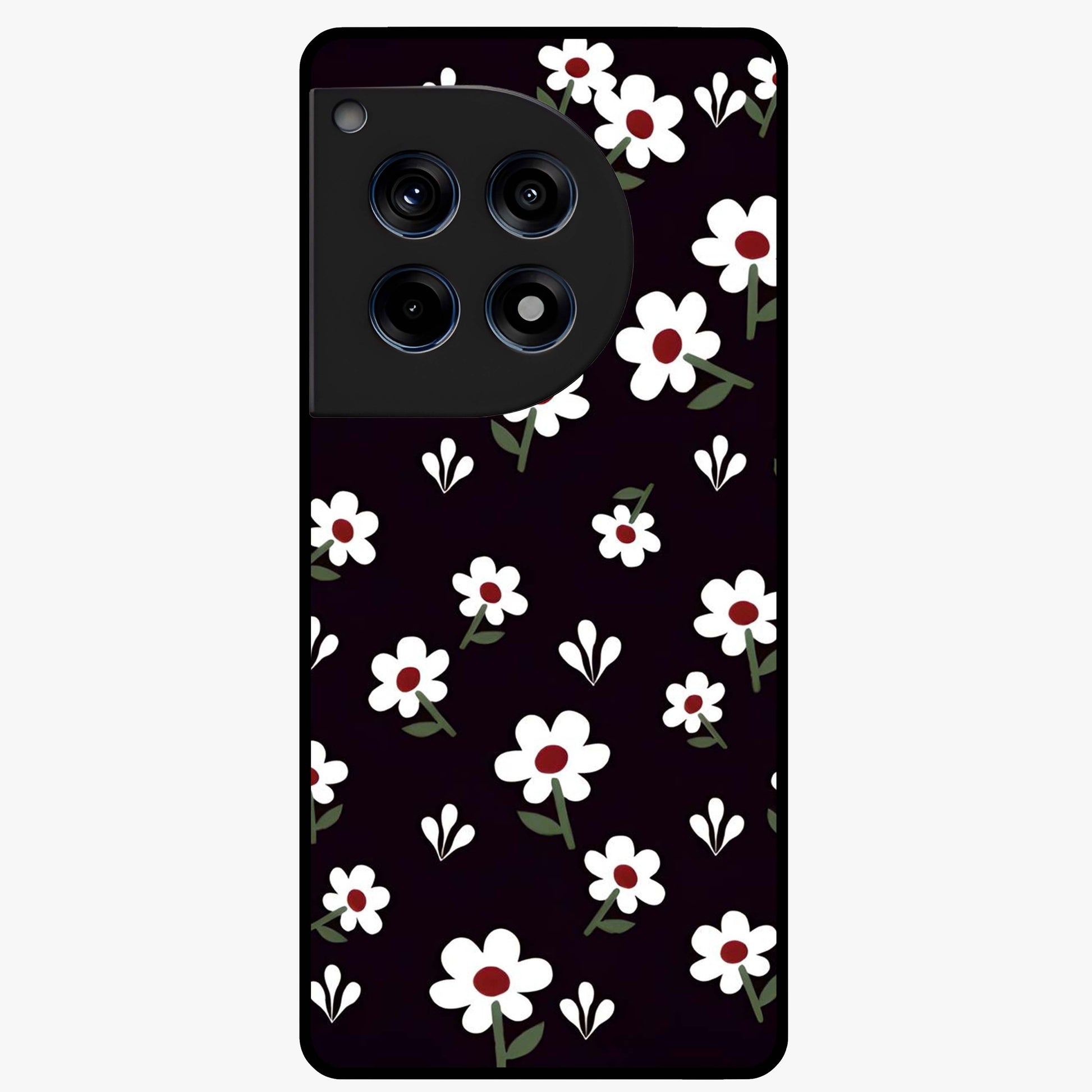 Black Prints Daisy Flower Pattern Glass Case for 1+12R front view featuring white daisy floral artwork on black base