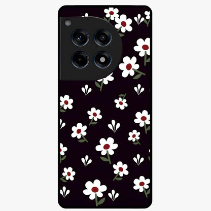 Black Prints Daisy Flower Pattern Glass Case for 1+12R front view featuring white daisy floral artwork on black base