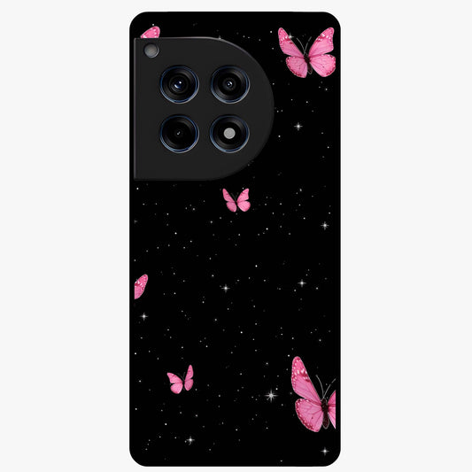 Blinking Butterfly Glass Case for 1+12R showing full back design in clean flat view with delicate butterfly artwork and glossy glass finish.