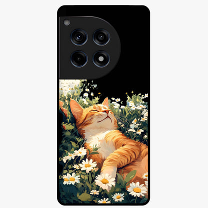Blissful Bloom Cat Glass Case for 1+12R charming front view featuring floral cat artwork with soft aesthetic tones